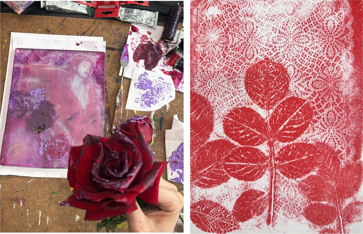Left: a hand holding a deep red rose above a pink monoprint in progress. Right: a crisp red gel plate print of a rose-leaf spray over lace texture.