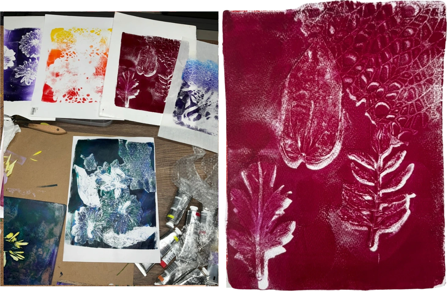 Left: a stack of botanical monoprints in many colours on a work table. Right: a magenta print showing the pale silhouettes of leaves and seed pods.