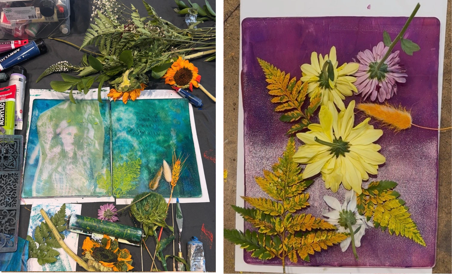 Left: an open journal spread printed in teal with pressed ferns and flowers. Right: a purple monoprint arrangement of chrysanthemum heads and fern fronds.