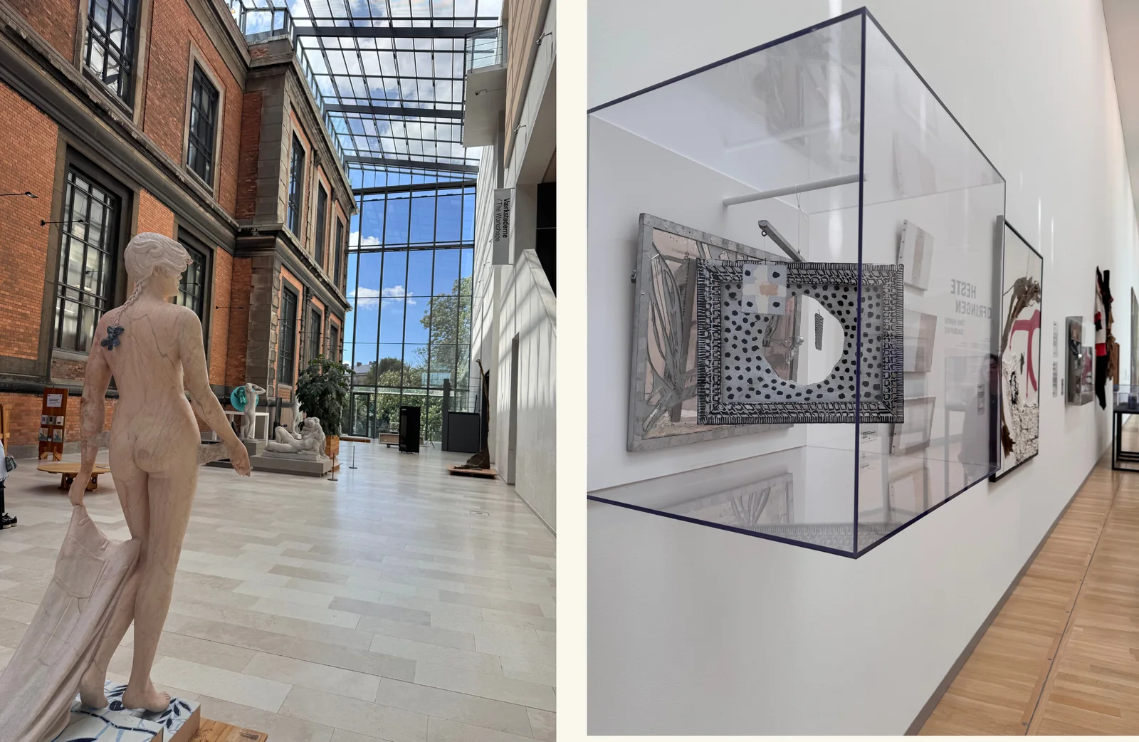 Left: a pale standing sculpture in SMK's light-filled atrium, where the red brick of the historic wing meets a glazed roof and tall windows. Right: a mixed-media assemblage suspended inside a slim glass vitrine along a bright white gallery wall.