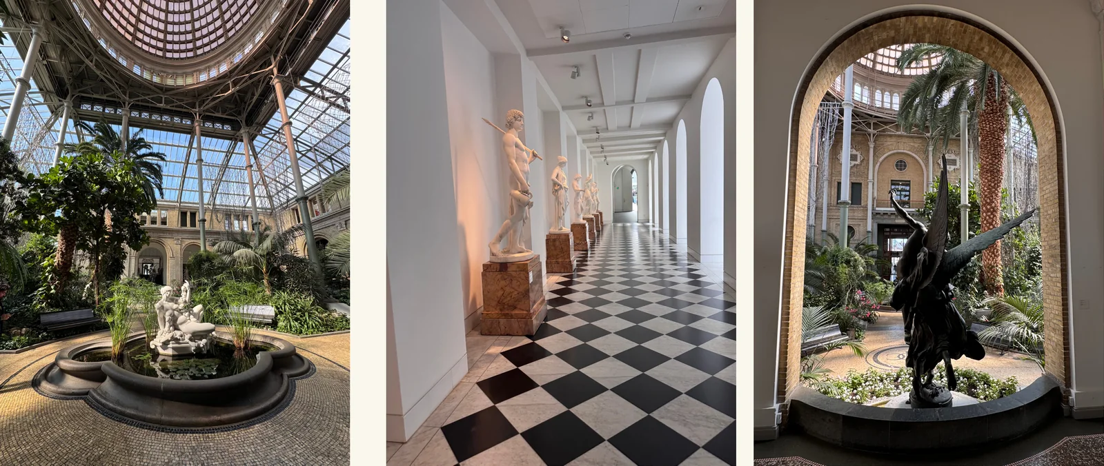 Three views of the Ny Carlsberg Glyptotek: the Winter Garden fountain beneath its glass dome, a corridor of classical statues above a black and white chequerboard floor, and a dark bronze figure framed by an arched doorway opening into the palms.