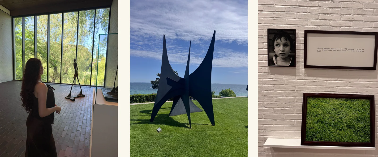Left: a visitor at Louisiana's floor-to-ceiling window looking out to a slender Giacometti figure among the trees. Middle: a large blue-black Alexander Calder sculpture standing on the lawn above the Øresund. Right: a framed photograph, a framed text piece and a panel of grass hung on a whitewashed brick wall.