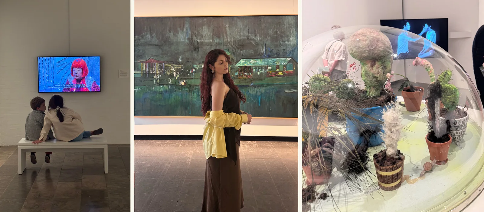 Left: two children sitting on a bench in front of a video work in a quiet gallery. Middle: the artist standing before a large landscape painting of huts on dark water. Right: a glass dome enclosing a garden of potted plants, moss and dried grasses.