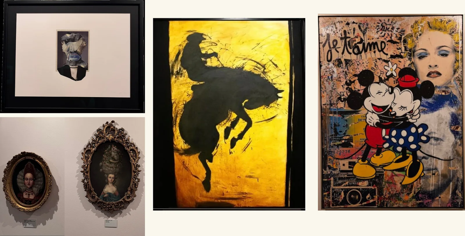 Top left: a small pop-surrealist collage in a wide white mount. Bottom left: two portraits in ornate oval gilt frames. Middle: a large black raven silhouette painted on a yellow ground. Right: a pop-art canvas layering Mickey and Minnie Mouse, a blonde portrait and the words Je t'aime.