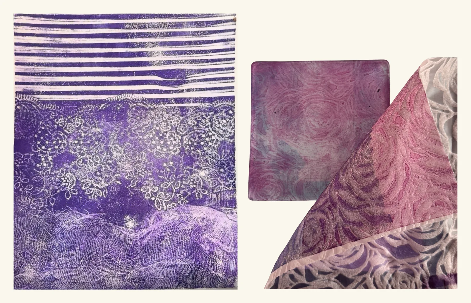 A purple gel print stacking three textures - bold cardboard stripes across the top, delicate floral lace through the middle and crumpled medical gauze below - beside inked plates carrying a swirling rose pattern.