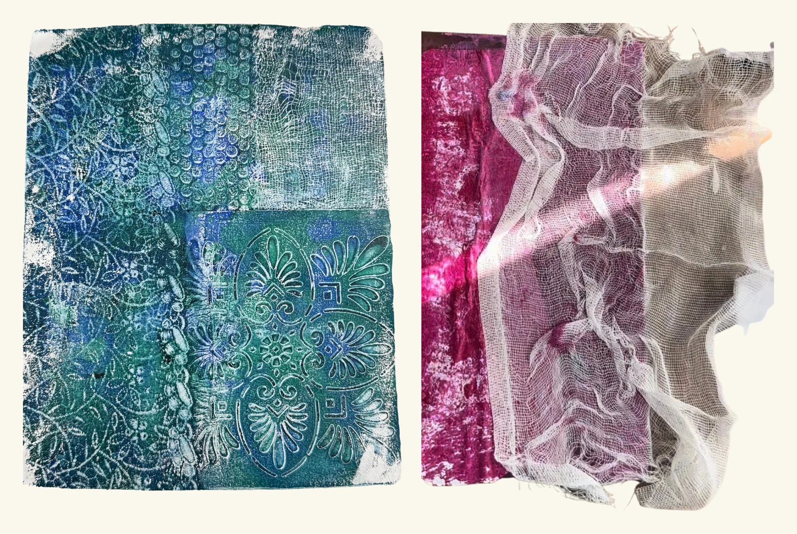 A teal gel print combining lace, dotted bubble-wrap texture and a raised damask motif, next to a magenta print half-covered by a length of loose medical gauze.