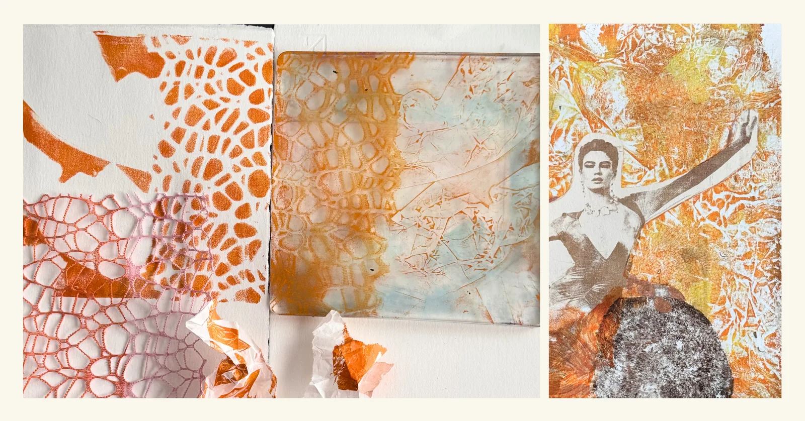 Warm rust and orange gel prints capturing the crinkled, marble-like veining of pressed rice paper, shown with lace netting, crumpled paper scraps, a gel plate and a linocut portrait over the same crackled ground.