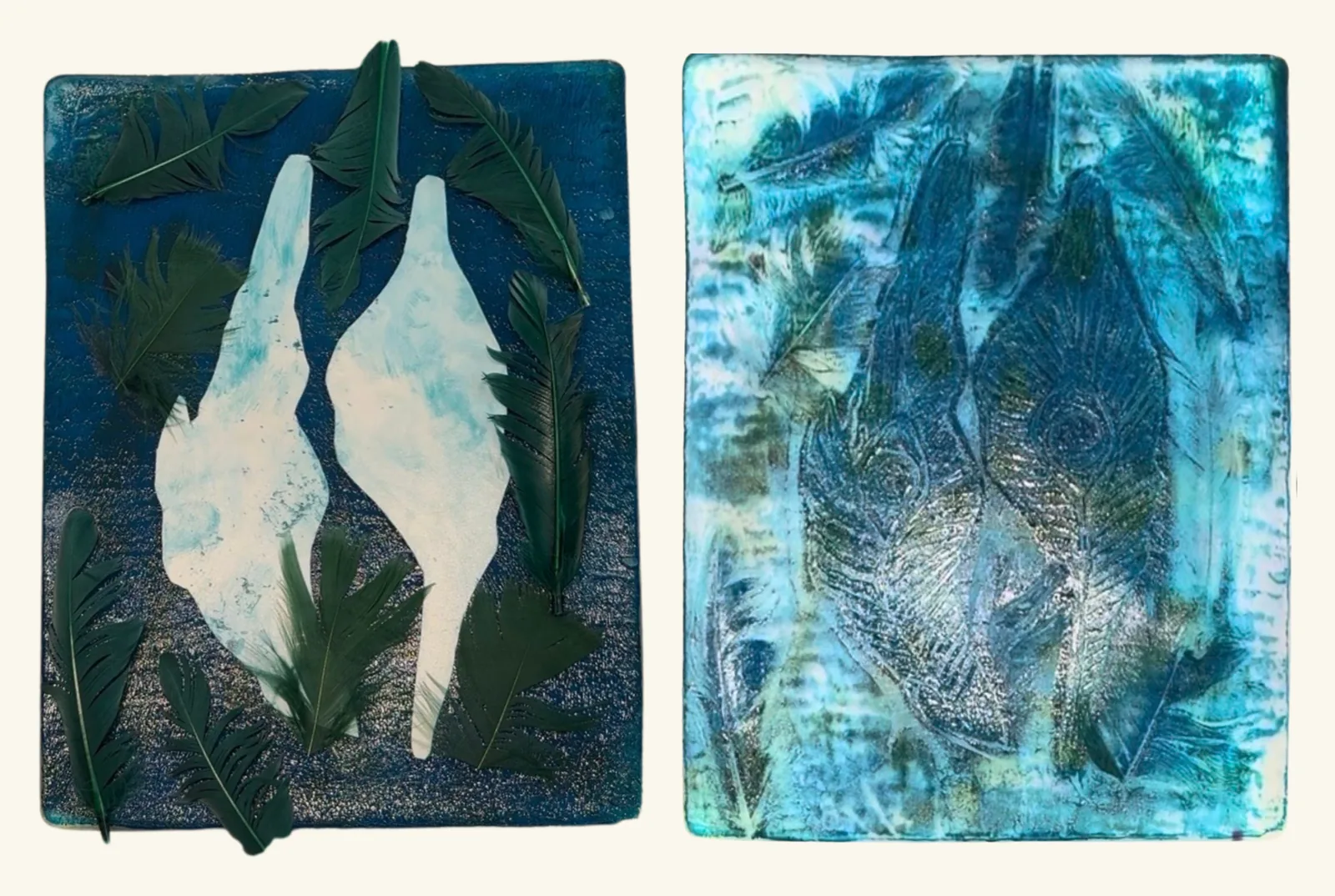 Two teal gel plates arranged with real feathers - one with dark feathers laid around pale carved linocut shapes, the other a soft ghost print left after the feathers lifted away.
